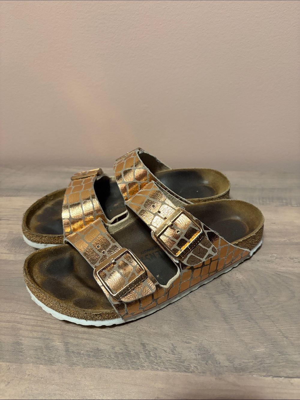 Birkenstock Metallic Bronze Croc-Embossed Double Buckle Sandals - Picture 2 of 8